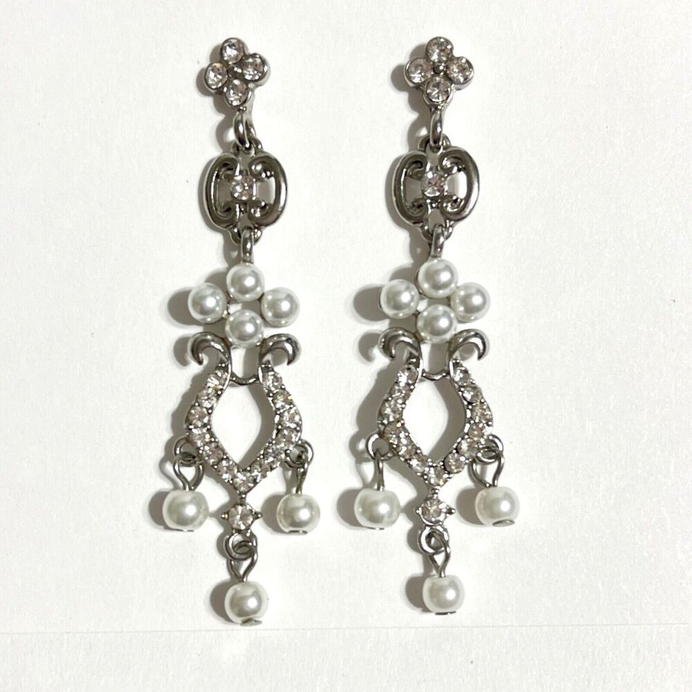 Imitation Pearl Chandelier Earrings Rhinestone Dangle Art Nouveau Style Romantic
